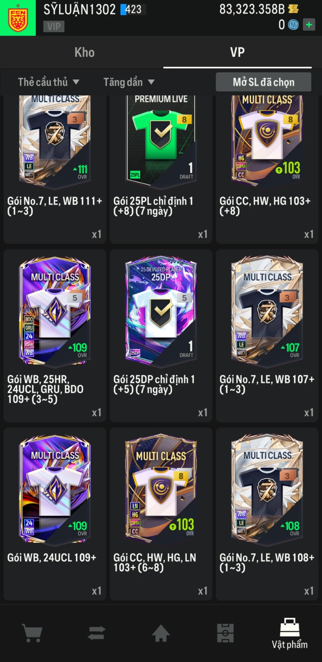 Ảnh ACC mở thẻ (LOẠI SVIP PROMAX) bao gồm có 01 thẻ +12, 03 thẻ PRIME (QH+, CP+, XS+) và hơn 1600+ đến 3500+ thẻ cầu thủ từ Siêu sao đến Miền núi các loại. Acc có sẵn BP trắng từ 55.000 tỷ BP đến 90.000 tỷ BP